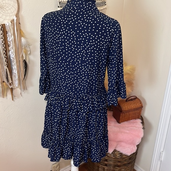 Navy & Polka Dot Tiered Ruffled Dress/ 3/4 Sleeves with Bell/Ruffled/ Size Small - Picture 8 of 9